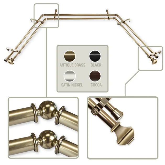 Martin 13/16" Bay Window Double Curtain Rod 20" - 36", 38" - 72" Long - Antique Brass