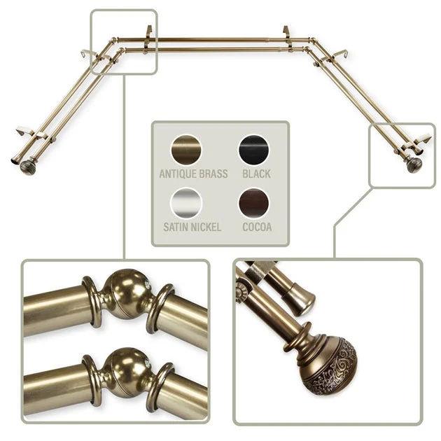 Kathy 13/16" Bay Window Double Curtain Rod 20" - 36", 38" - 72" Long - Antique Brass