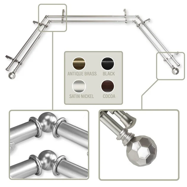 Juliette 13/16" Bay Window Double Curtain Rod 20" - 36", 38" - 72" Long - Satin Nickel