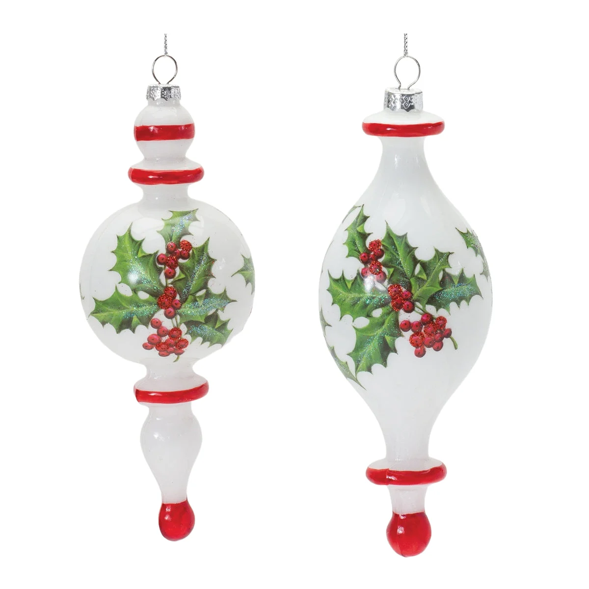 Christmas Holly Finial Drop Ornament Set of 6 – Glass Holiday Decor by Melrose