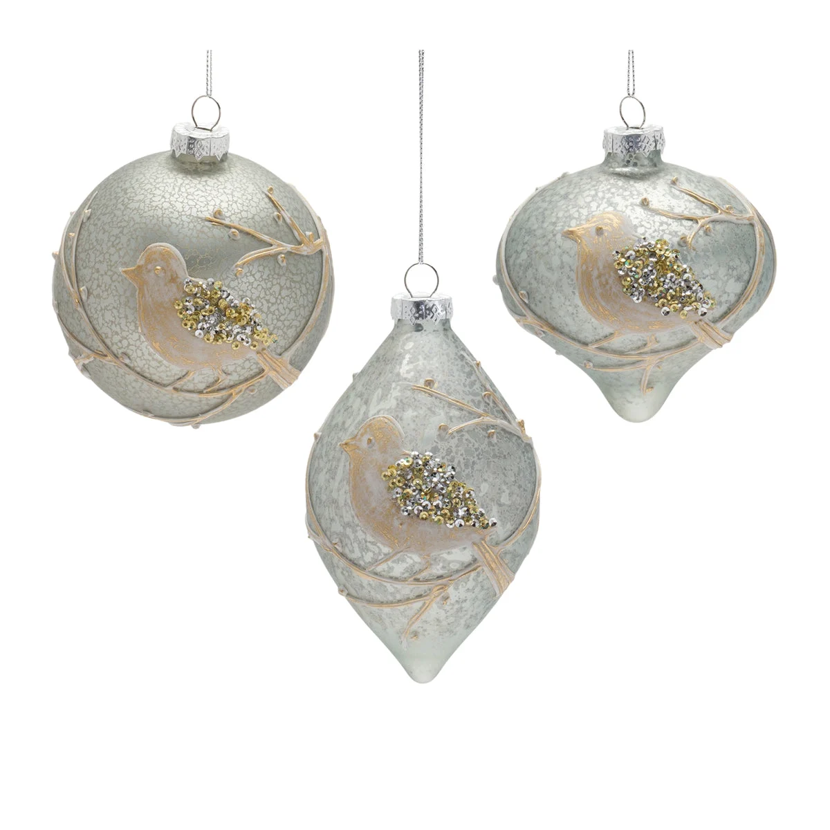 Glass Bird Ornaments with Beaded Detail Set of 6 – 6 Inch Height – Ice Blue Christmas Decor – By Melrose