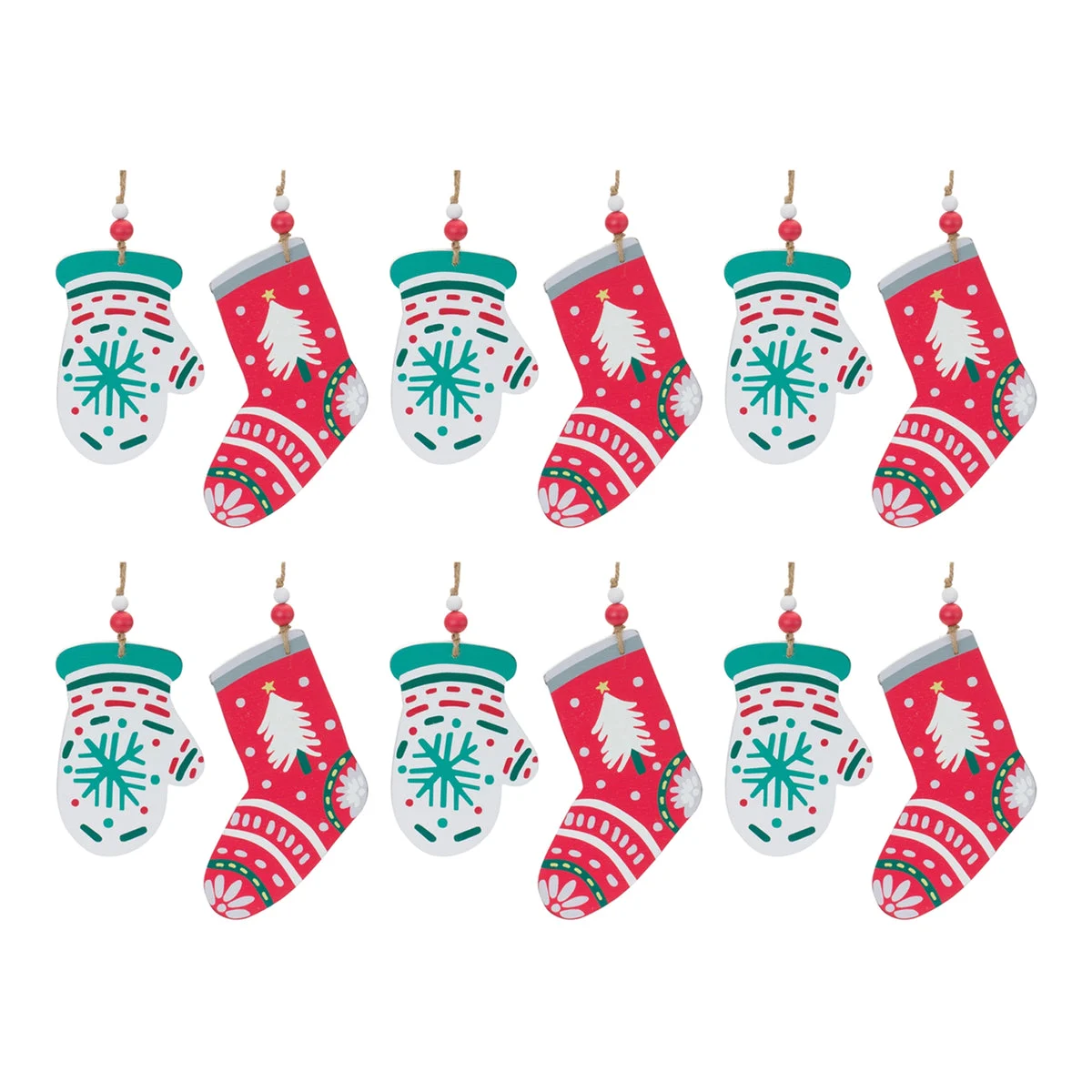 Mitten and Stocking Ornament Set Of 12 – MDF Wood – 7" & 8" Holiday Decor – By Melrose
