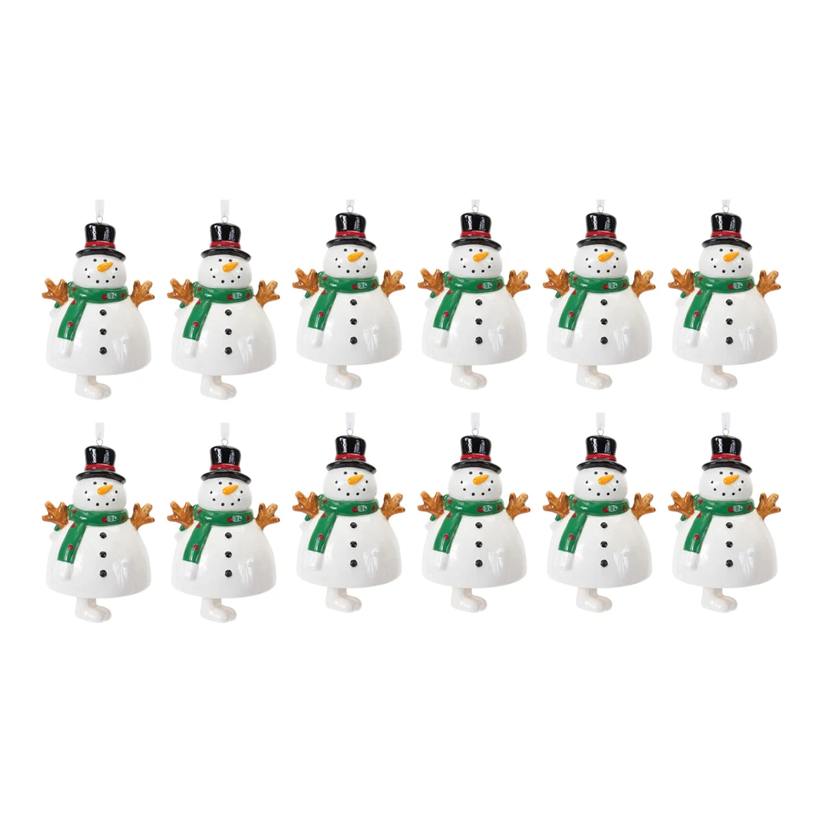 Snowman Bell Ornament, Set of 12 Ceramic 5.5" White and Black Christmas Tree Hanging Decor by Melrose