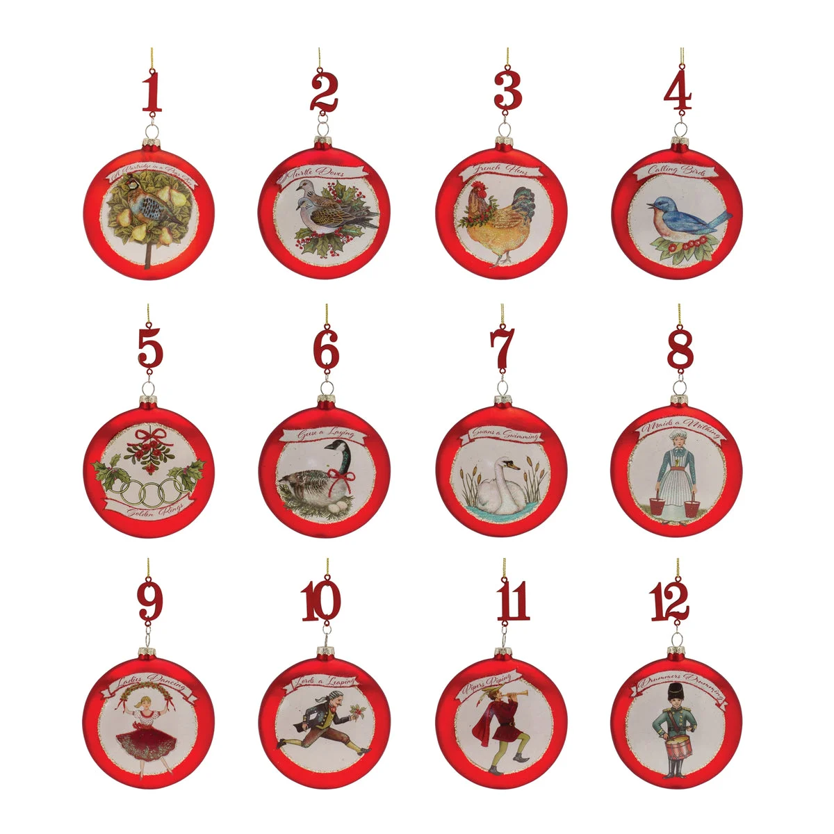 12 Days of Christmas Glass Ornament Set 4.75 Inch Hand Painted Holiday Hanging Decor Set of 12 by Melrose