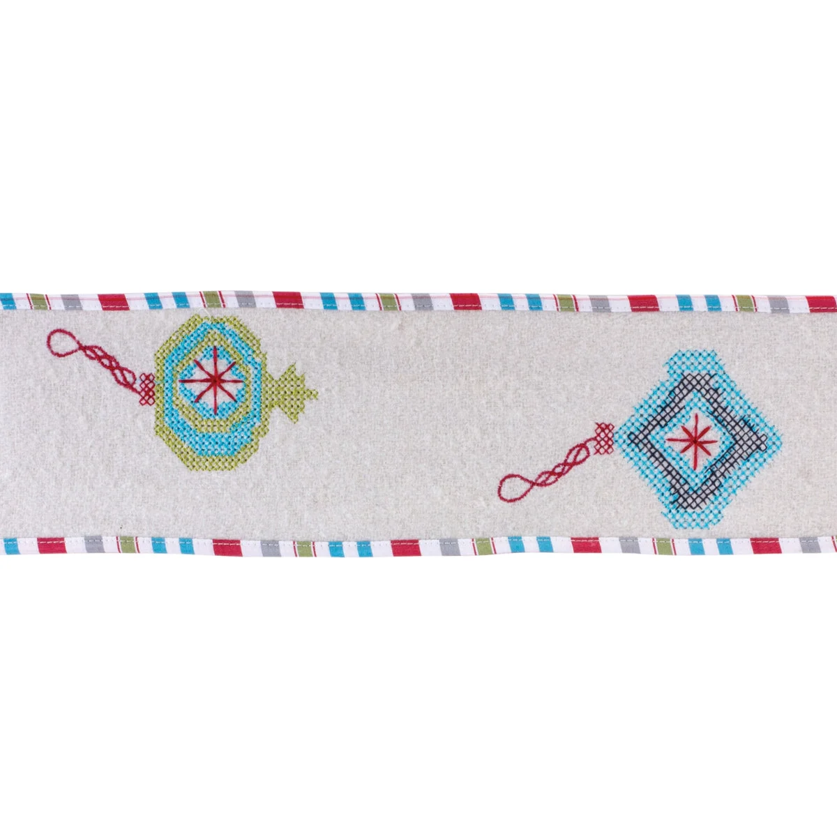 Ornament Holiday Ribbon White, Green & Blue 4" x 5 yds. Wired Wool by Melrose