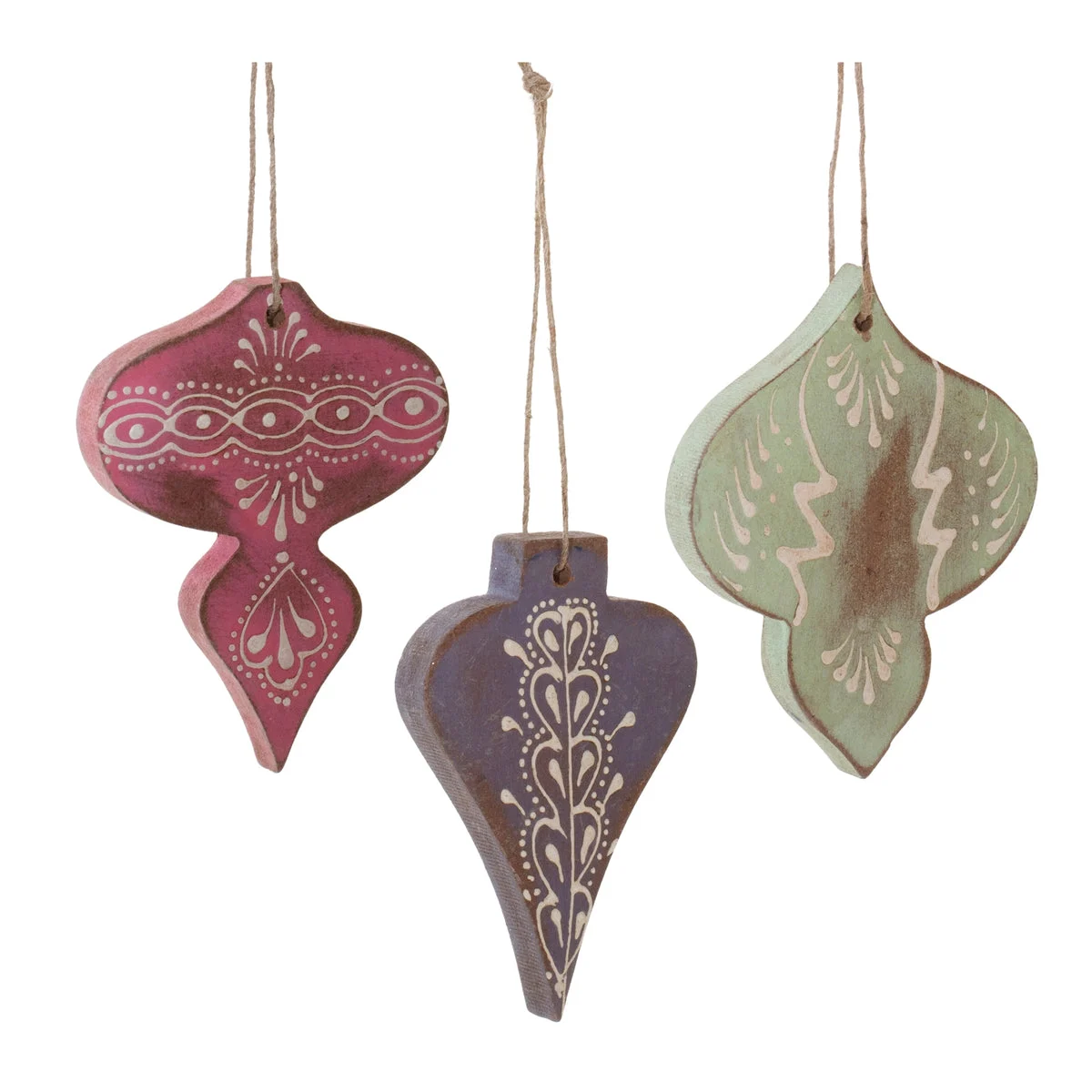Christmas Wood Finial Ornament Set with Painted Finish 4" Height Rustic MDF Design by Melrose