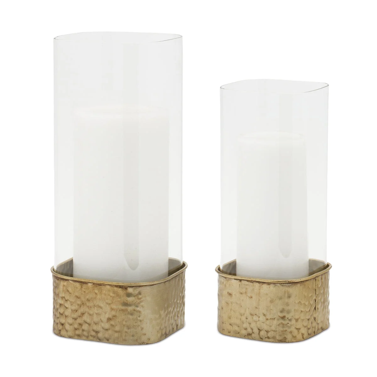 Hammered Metal Candle Holder – 12"H Gold Iron & Glass Hurricane, Set of 2 for Elegant Indoor Display by Melrose