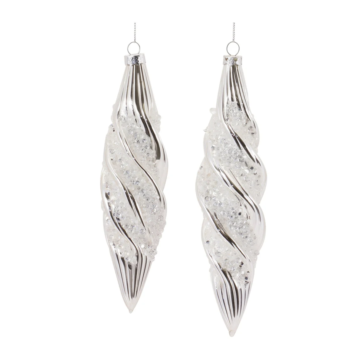Beaded Glass Swirl Drop Ornament – 8"H Christmas Silver & White Holiday Hanging Decoration, Set of 6 by Melrose