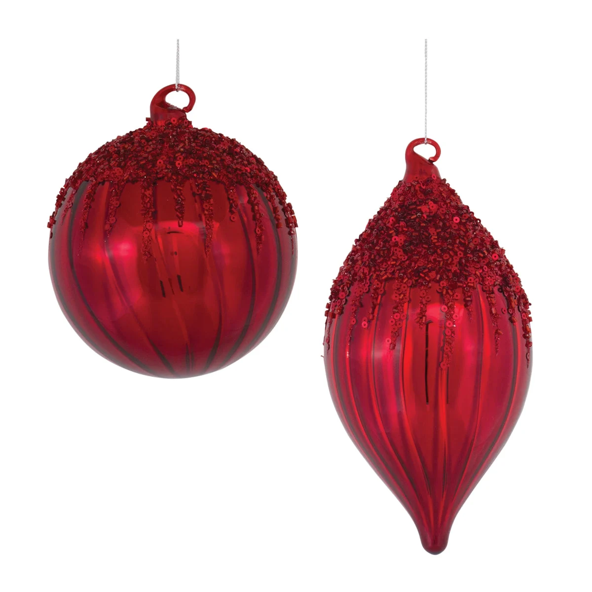 Sequined Glass Ornament – 8"H Red Christmas Decorative Hanging, Set of 4 by Melrose