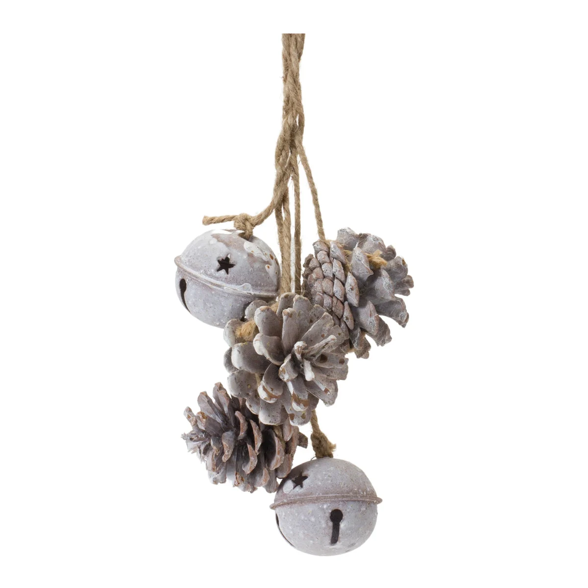 Bell and Pine Cone Ornament Set – 13"H Rustic Christmas Hanging Ornaments (Set of 6) Iron & Natural Pinecone Accents by Melrose