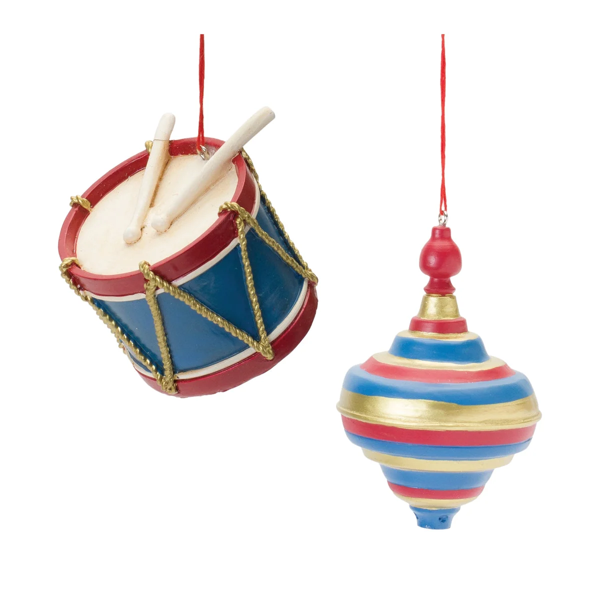 Drum and Top Ornament Set of 12 Red Blue Gold 2.25 and 3.75 Inch Height Christmas Decor By Melrose