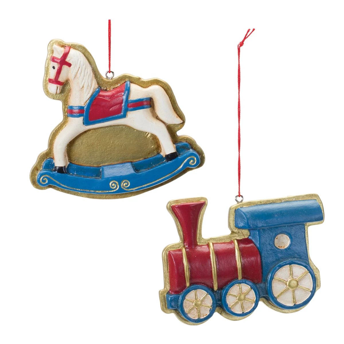 Rocking Horse and Toy Train Ornament Set of 12 Blue and Gold 0.75 and 2.75 Inch Height By Melrose