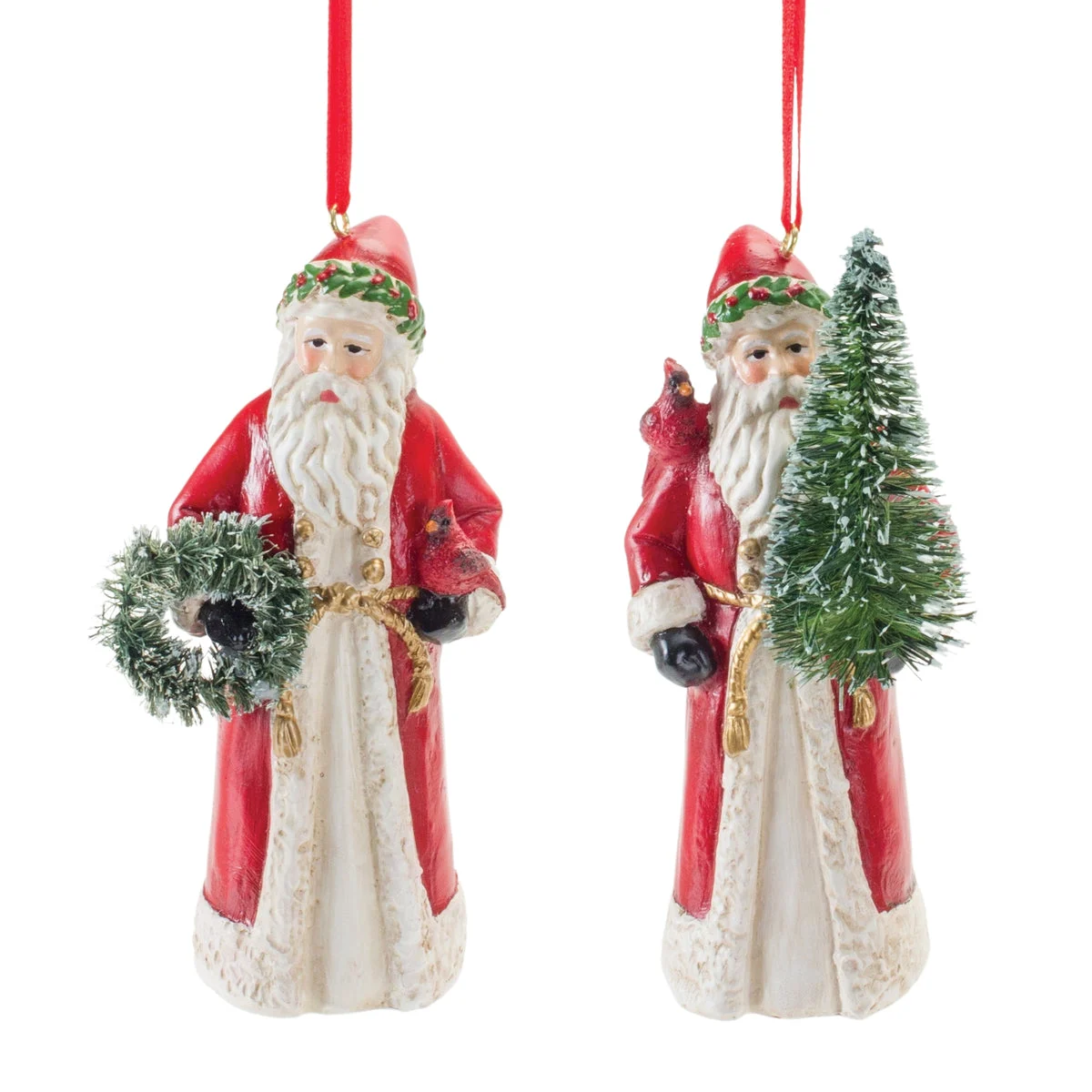 Classic Santa with Cardinal Ornament Collection – Resin & Stone Powder – 4.5 Inch Height, Set of 6 By Melrose