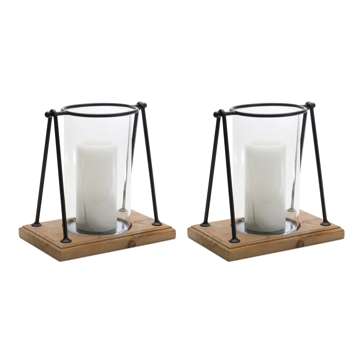 Modern A-Frame Candle Holders with Fir Wood Base & Glass Hurricanes, Large 9.75" and Small 8.25" Set of 2 by Melrose