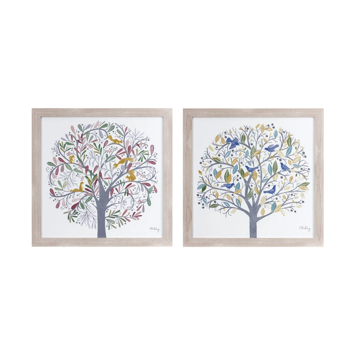 Framed Tree Wall Art Set of 2 – Paper Print in Plastic Frame – 15.75 Inch Height – Cream Blue Decor – By Melrose