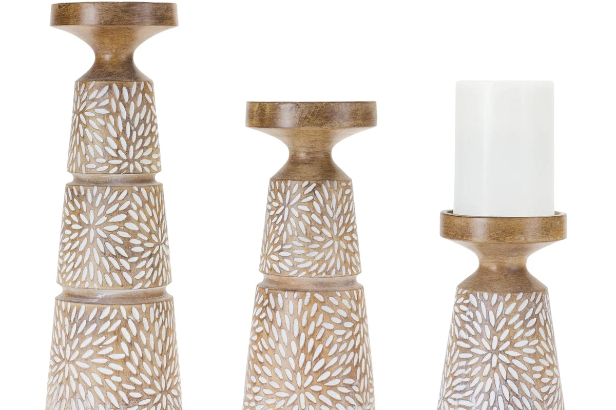 Decorative Etched Resin Candle Holder Set in 3 Sizes, Wood Grain Look Pillar Stands 6"–12.25" by Melrose