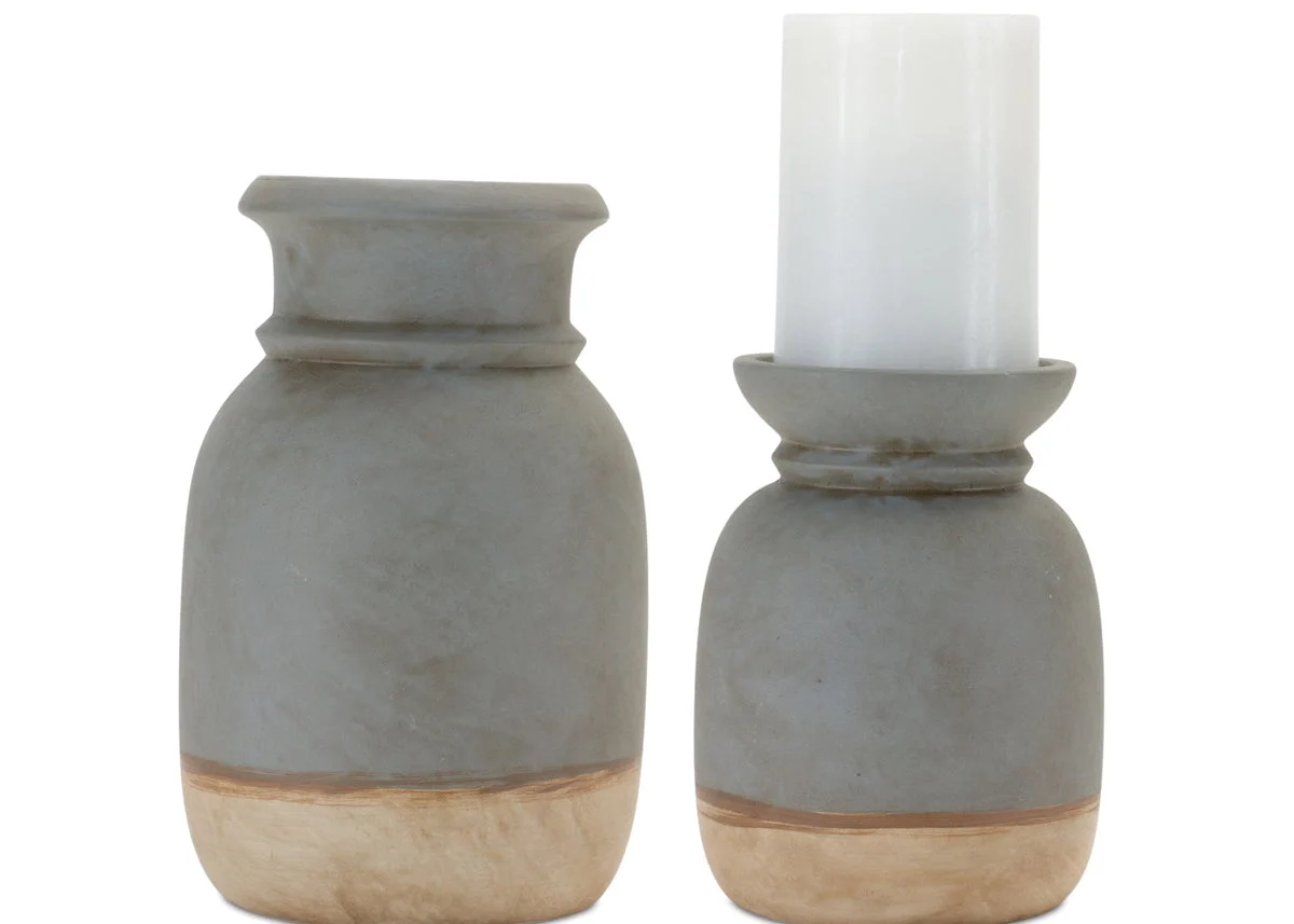 Ceramic Candle Holders Set of 2, Vintage Dual-Tone Grey Brown Look, 6.25" & 8.25" Mantel Decor Stands by Melrose