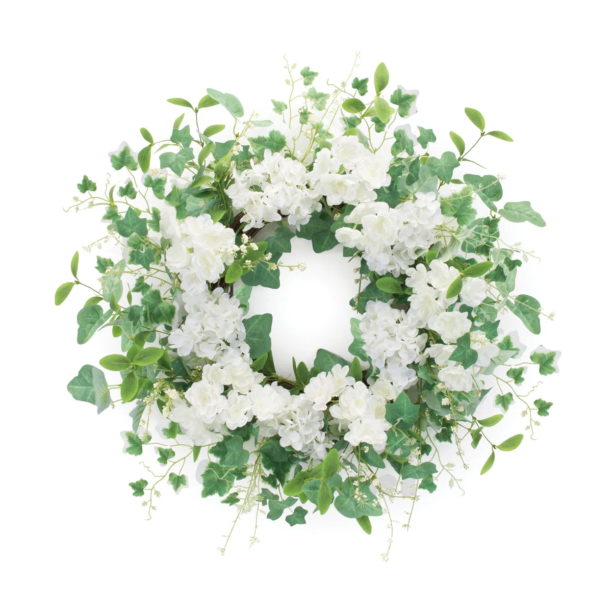 Hydrangea and Ivy Leaf Wreath – 21.5"D Faux Floral Door Accent by Melrose