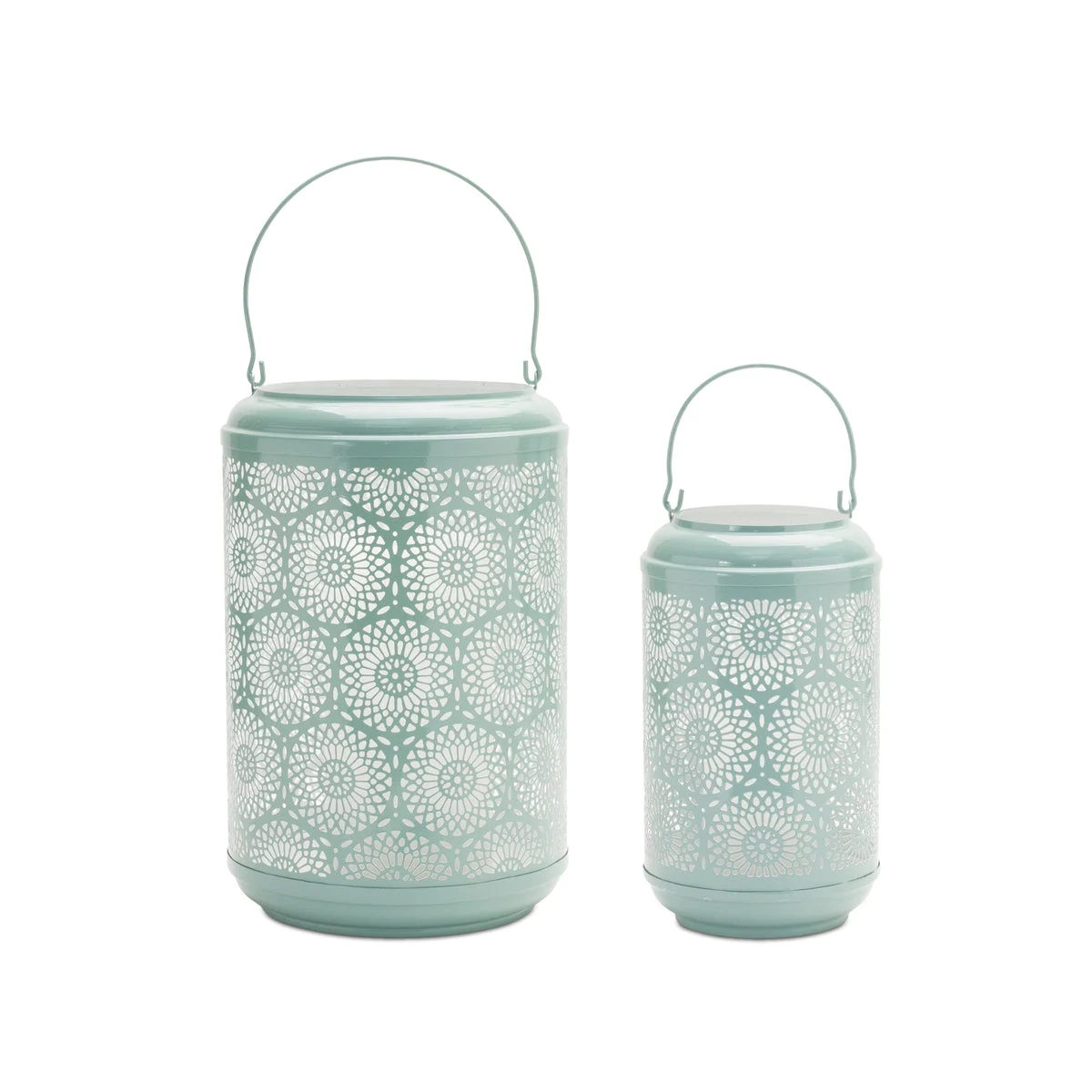 Punched Metal Lantern Candle Holder Set of 2, Teal Finish, 11" & 13" Decorative Candle Holders by Melrose