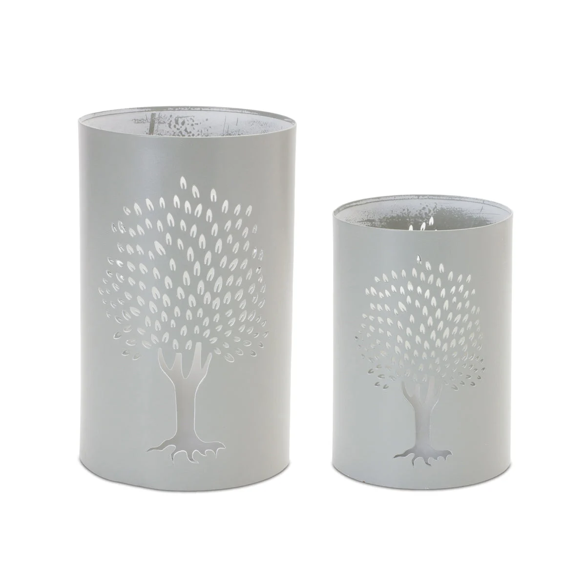 Punched Metal Tree Candle Holders Set of 2, 8" & 6" Green White Coastal Decor by Melrose