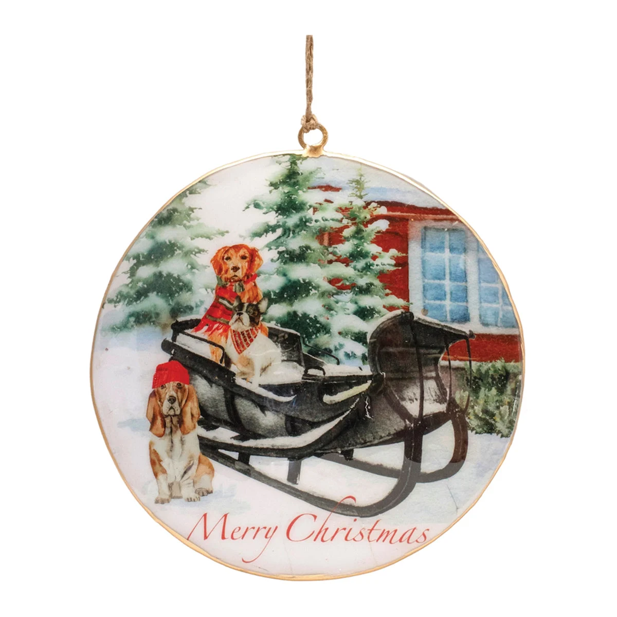 Dog and Sleigh Disc Ornament 6 Inch Iron Metal Vintage Holiday Christmas Tree Decor by Melrose