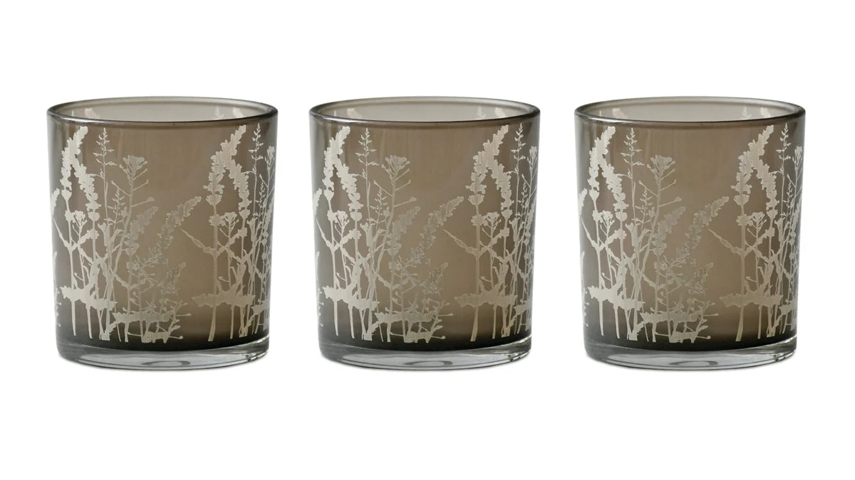 Wildflower Pattern Glass Votive Holders Set of 3 3H Transparent Grey Glass by Melrose