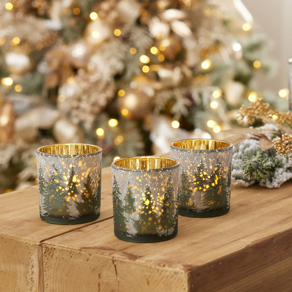 Frosted Pine Mercury Glass Tabletop Candle Holder Set of 3 3 Inch Holiday Decor by Melrose