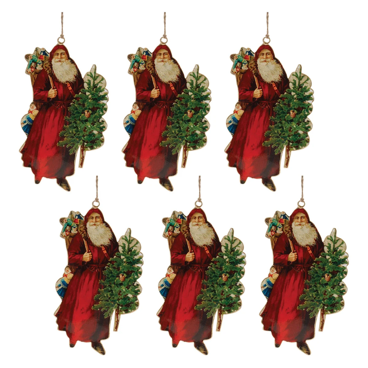 Vintage Metal Santa Tree Ornaments Iron Red Green Set of 6 8.5 Inch by Melrose