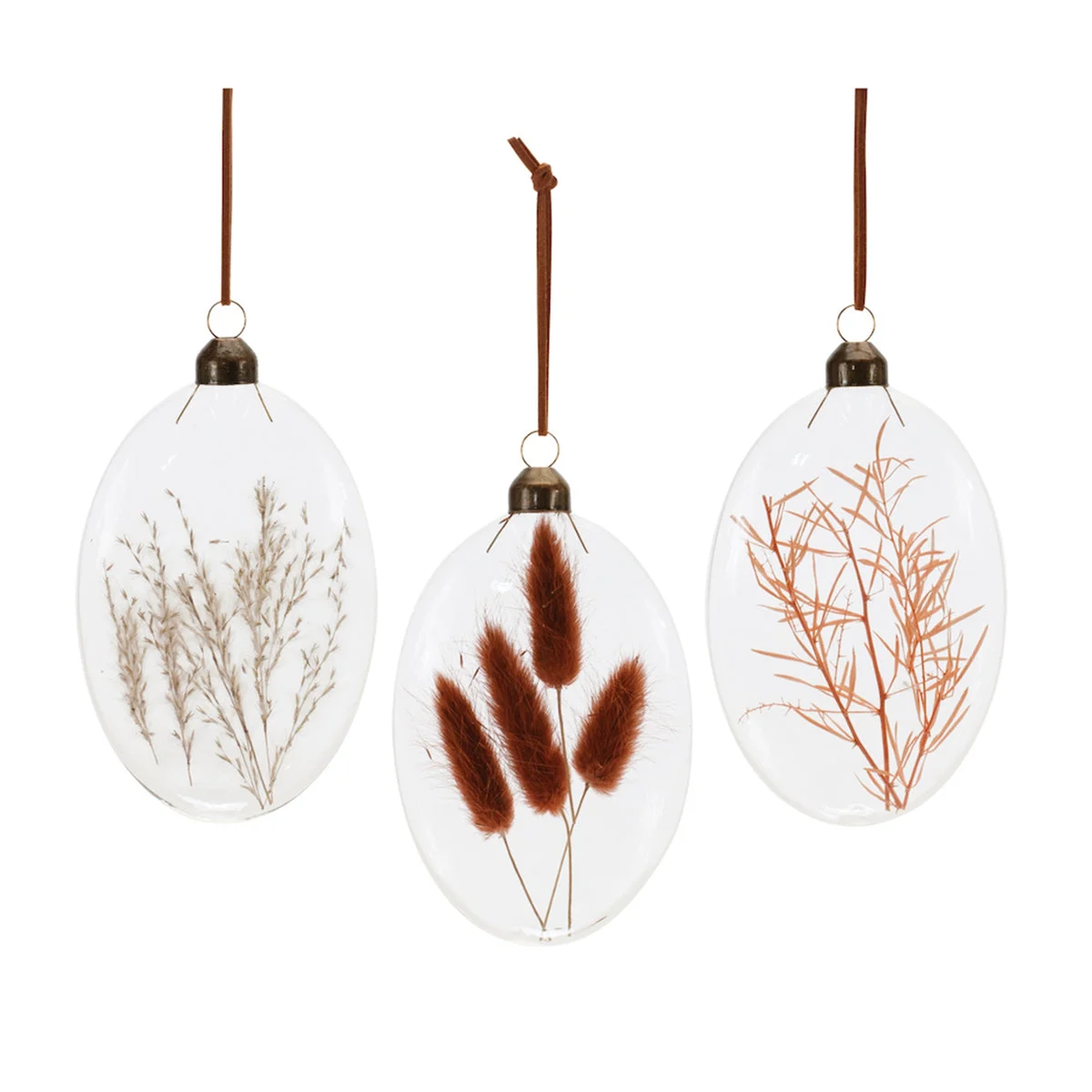 Burgundy Dried Floral Glass Ornaments with Leather Hangers (Set of 12) – 5.5"H Christmas Decor by Melrose