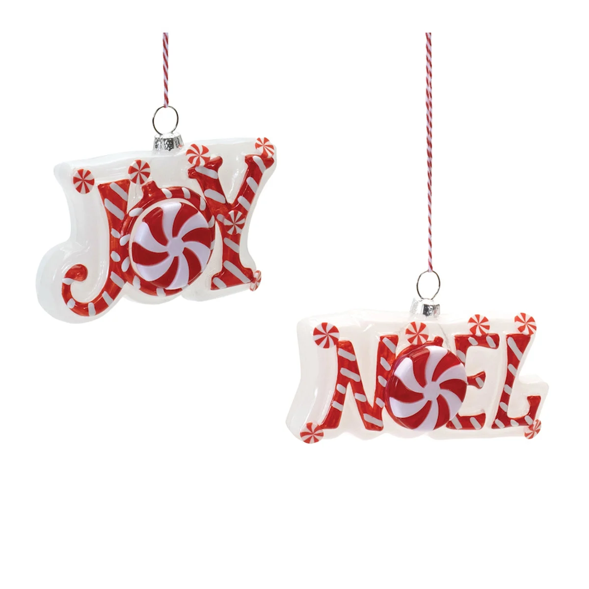 Glass Peppermint “Joy” & “Noel” Ornaments (Set of 6) – Red & White Christmas Decor by Melrose
