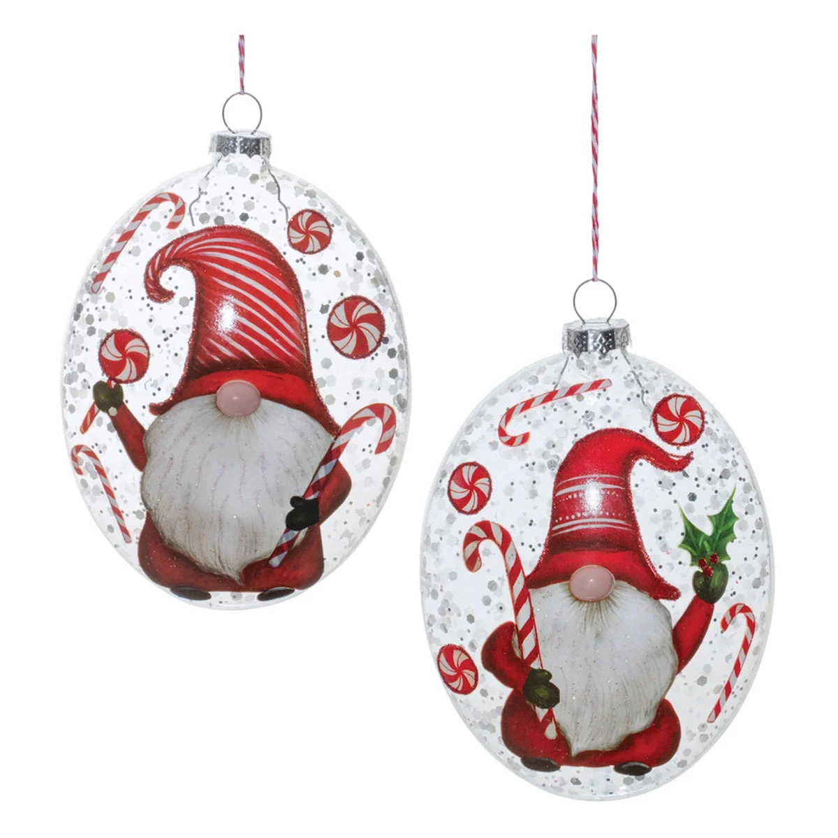 Glass Peppermint Gnome Disc Ornaments (Set of 12) – 6"H Red & White Christmas Decor by Melrose