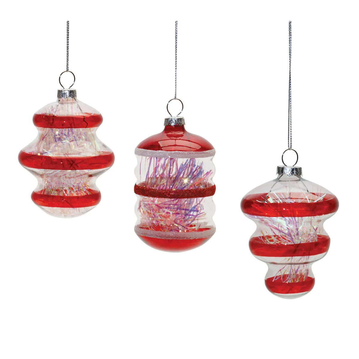 Red Finial Glass Ornaments with Tinsel Filling (Set of 12) – 4"H Christmas Decor by Melrose