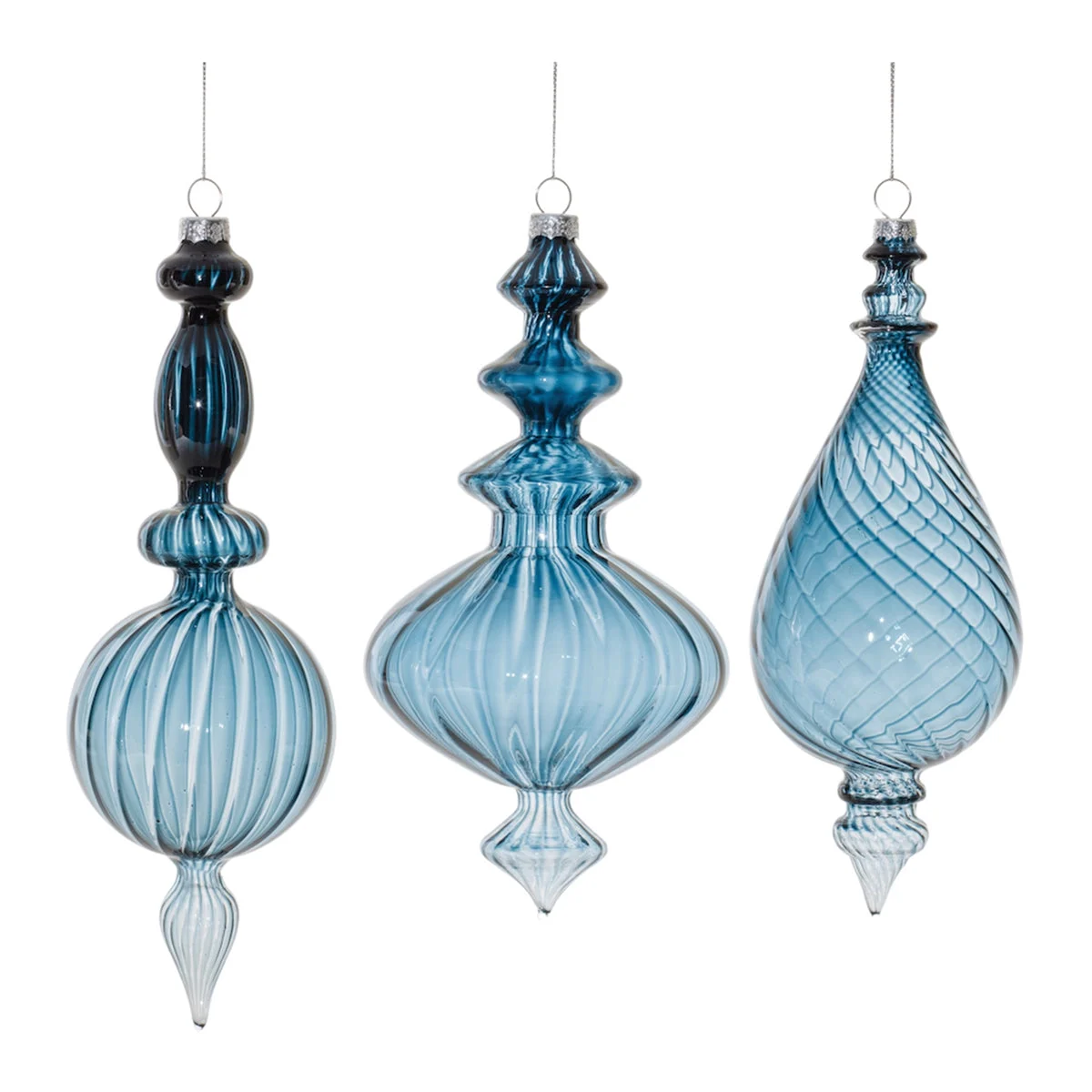 Blue Ribbed Glass Finial Drop Ornament (Set of 6) – 9" & 10.25"H Christmas Tree Decor by Melrose