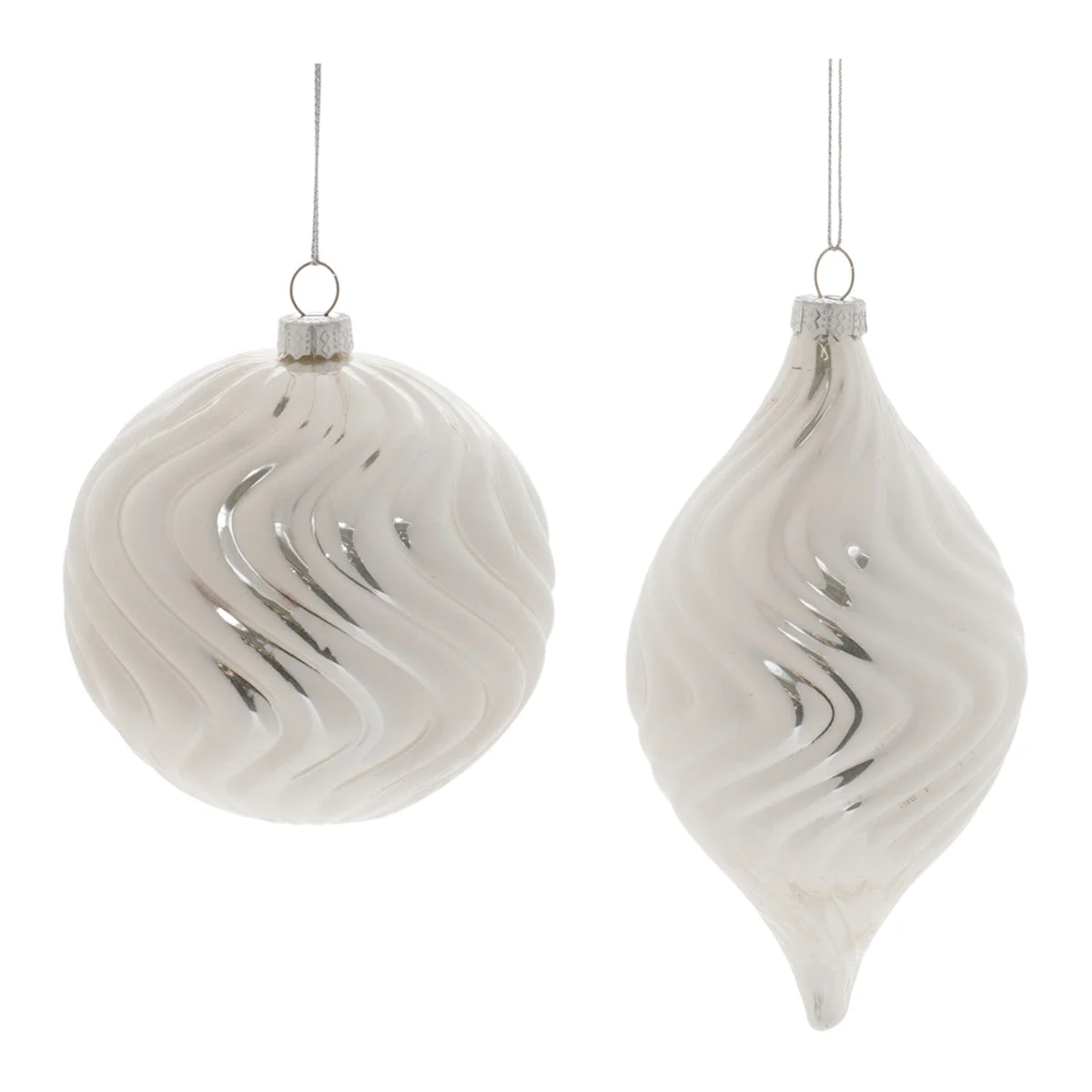 Wavy Glass Christmas Ornament 6.75"H Ivory Ribbed Glass Hanging Holiday Decor (Set of 6) by Melrose