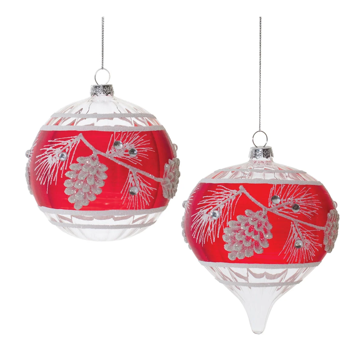 Glittered Glass Pinecone Ornaments 4"D, 5"H (Set of 6) Red & White Holiday Decor by Melrose