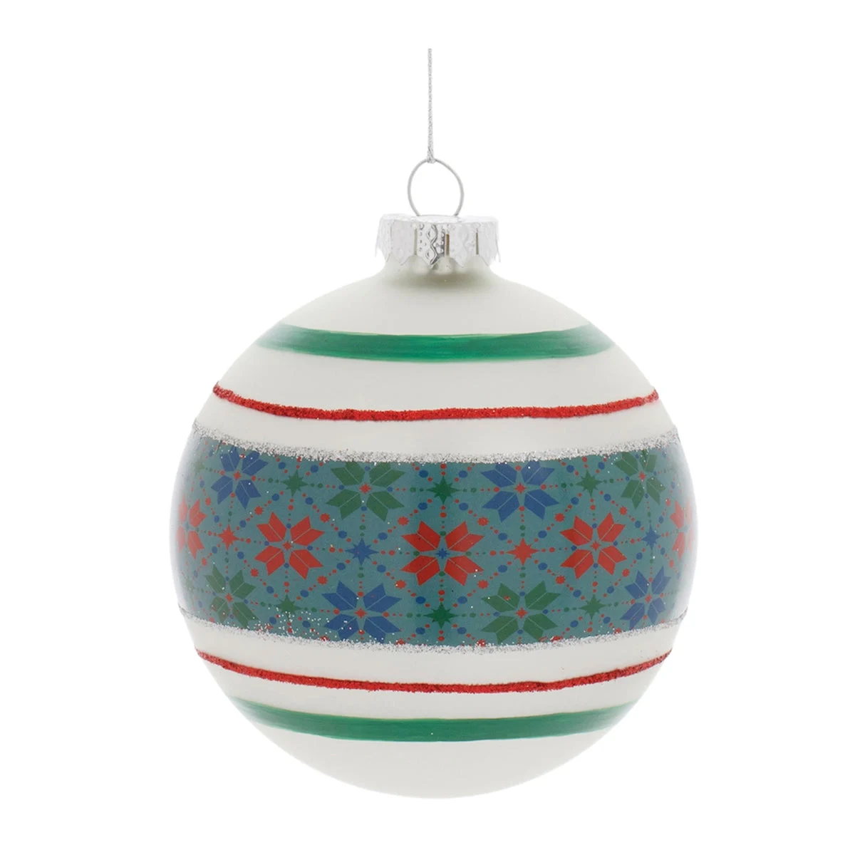 Striped Patterned Glass Ball Ornament 4"D (Set of 6) Red Green and White Holiday Decor by Melrose