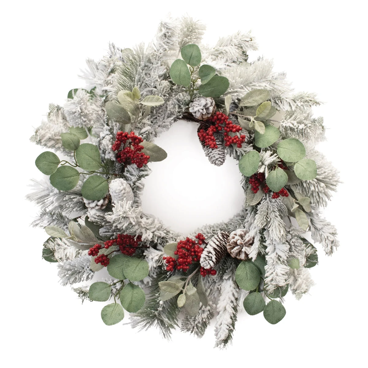 Christmas Flocked Pine and Berry Wreath – Indoor Outdoor Holiday Decor 28 inch Melrose