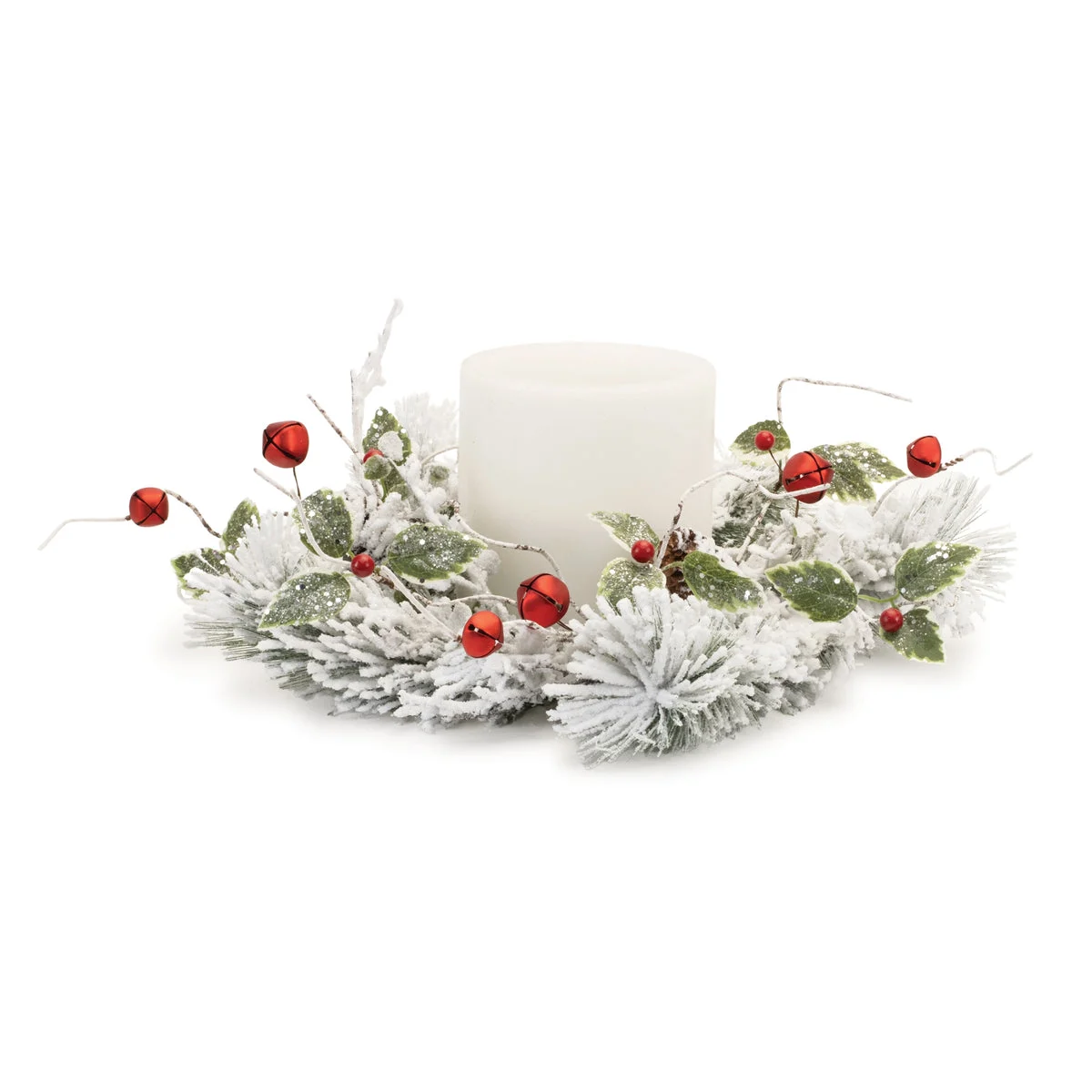Melrose Flocked Pine Holly Sleigh Bell Candle Ring 18"D
