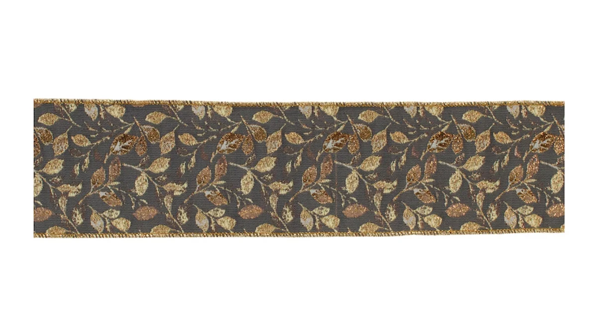 Gold Leaf Print Wired Holiday Ribbon Polyester Metallic 4 Inch x 5 Yards by Melrose