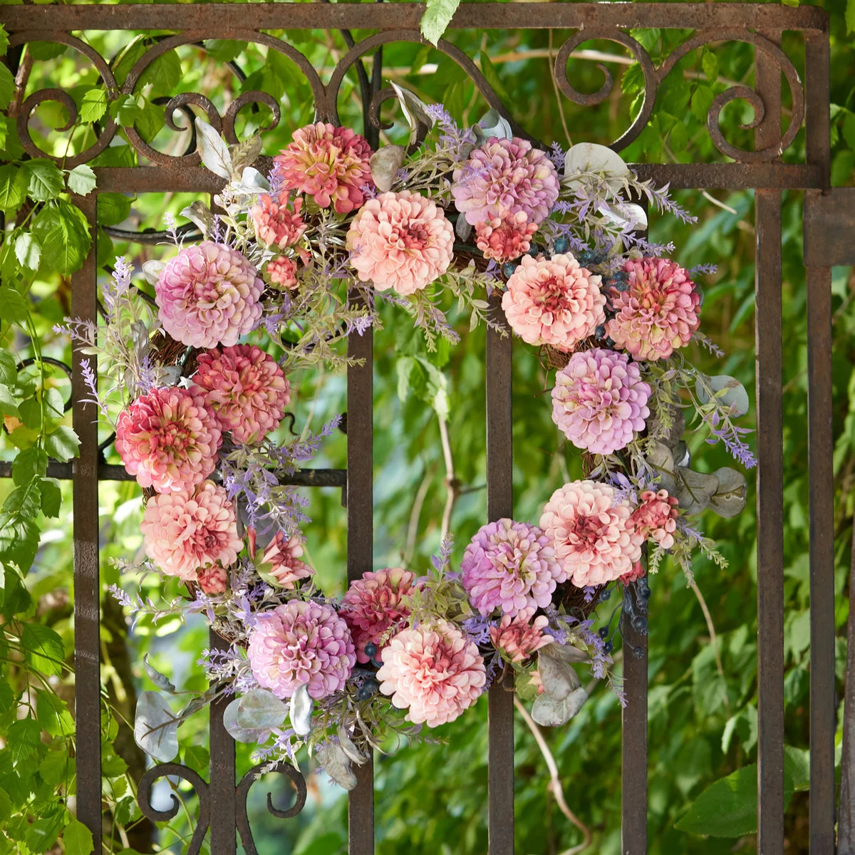 Mixed Zinnia Faux Floral Wreath 24 Inch Purple Pink Home Decor by Melrose
