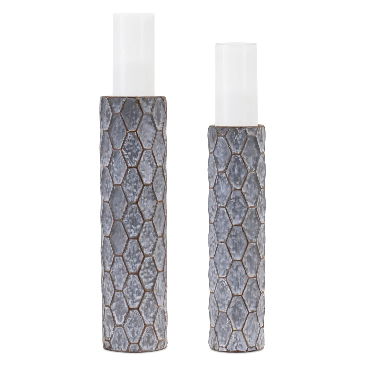 Metal Honeycomb Candle Holder Set of 2 Distressed Grey White 17.75 Inch Decor by Melrose