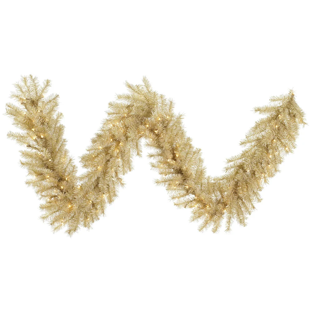 Vickerman A148115Led 9'X 14" White And Gold Artificial Christmas Garland Warm White Dura-Lit Led Lights
