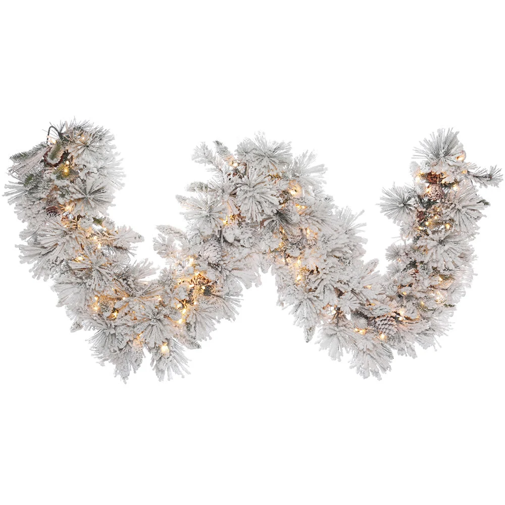 Vickerman A155318 9' Flocked Alberta Artificial Christmas Garland Clear Dura-Lit Incandescent Lights