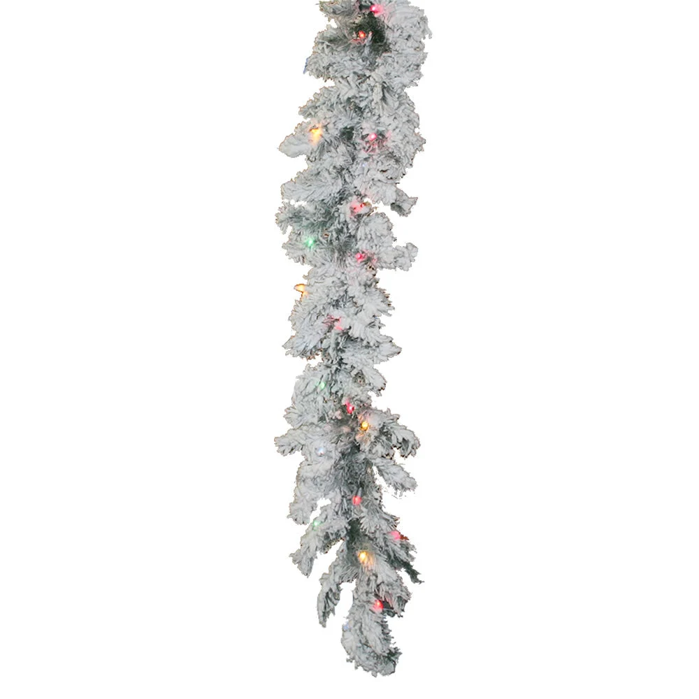 Vickerman A806317 9' Flocked Alaskan Pine Artificial Christmas Garland Multi-Colored Dura-lit Incandescent Mini Lights