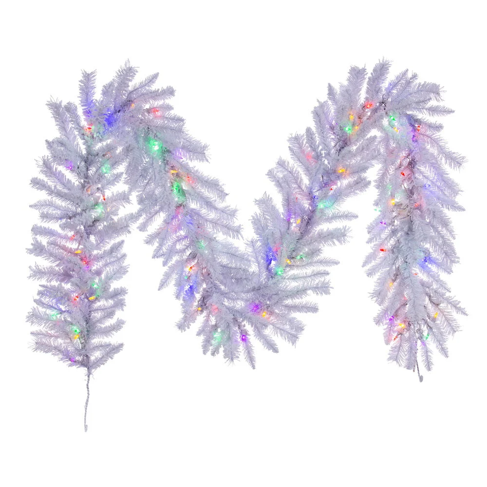 Vickerman A893915LED 9' x 14" Flocked White Garland Dura-Lit Multi-Colored LED Mini Lights.