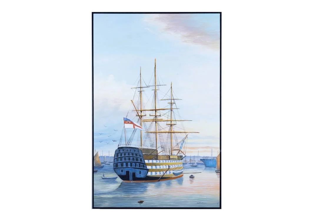 Old Modern Handicrafts “H.M.S. Victory Moored in Portsmouth” Oil Painting – Hand-Painted Naval Canvas Wall Art, 47x31 in