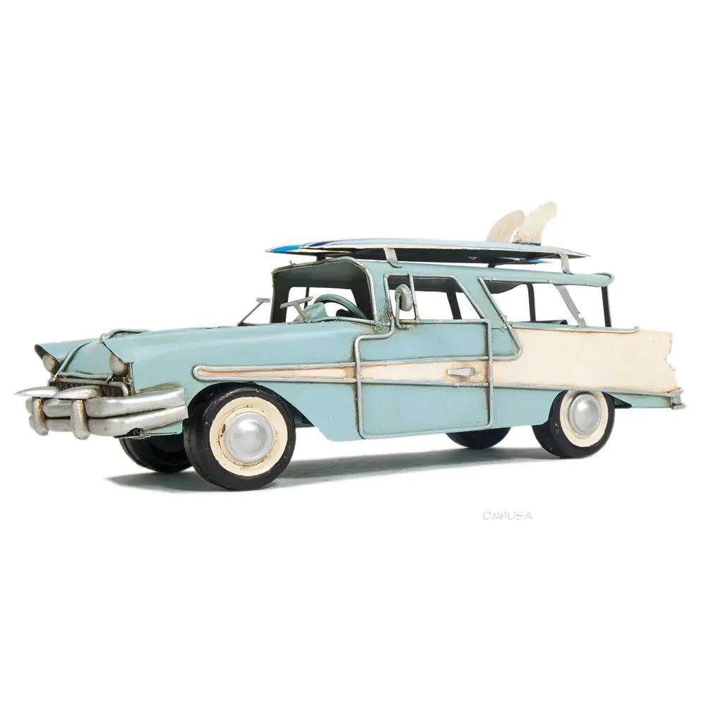 1957 Ford Country Squire Station Wagon Model 5" H – Blue Iron Replica with Surfboards By Old Modern Handicrafts