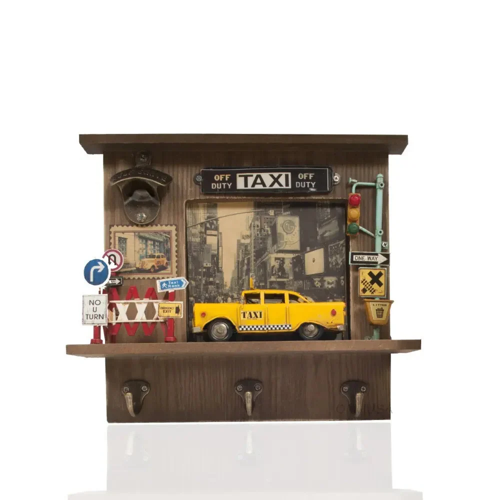 Old Modern Handicrafts NYC Checker Taxi Shadow Box – Vintage Wall Decor with Key Hooks & Bottle Opener, 13"