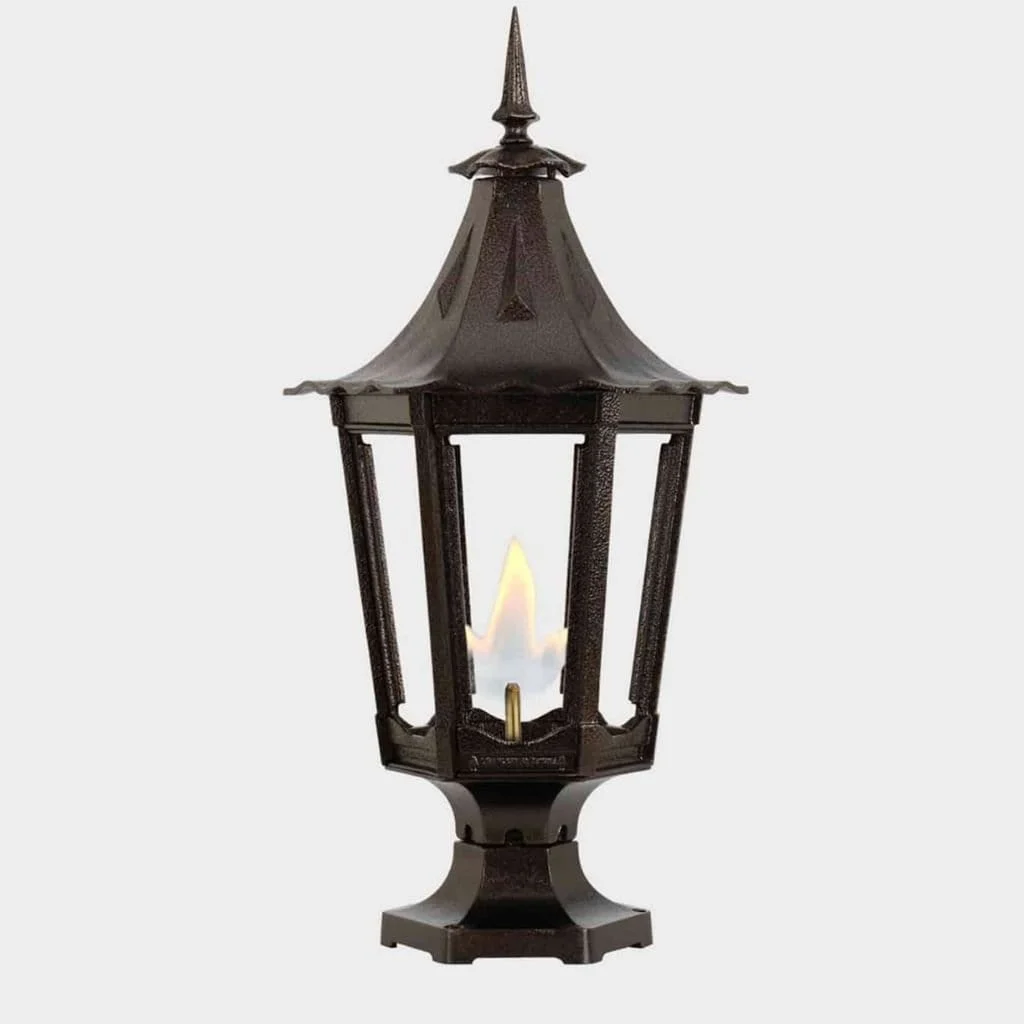 American Gas Lamp Works Cavalier 1400R 13" White Residential Pier Mount Aluminum Natural Gas Lamp With Dual Inverted Gas Mantle Light Assembly, Flat Tempered Glass Panes and Loop Finial