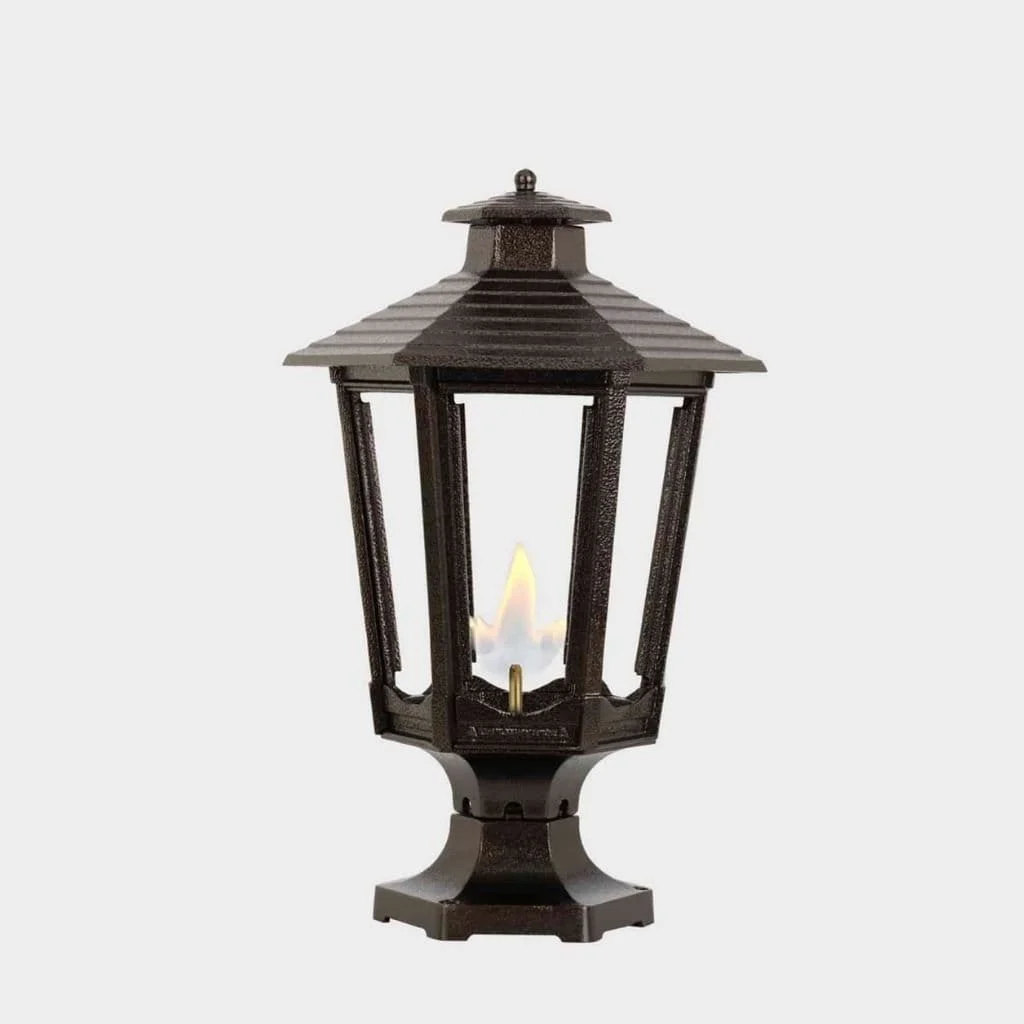 American Gas Lamp Works Cosmopolitan 1600R 14" White Residential Pier Mount Aluminum Propane Gas Lamp With Single Upright Gas Mantle Light Assembly, Flat Tempered Glass Panes and Loop Finial